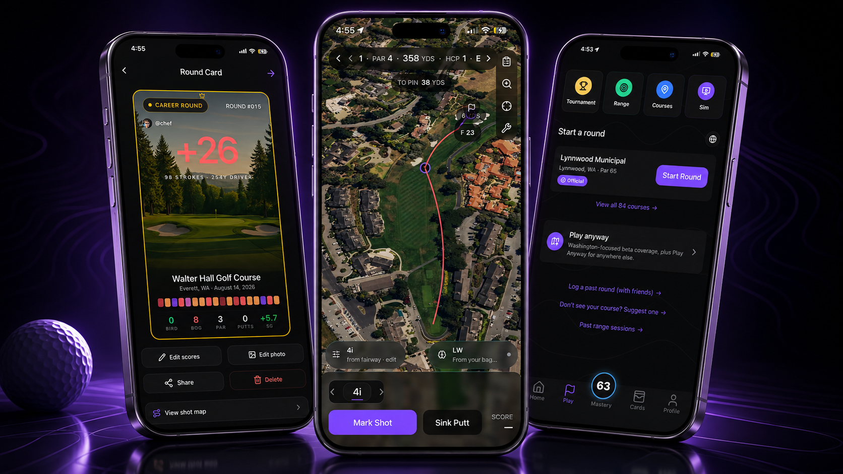 Stix golf app — round card, GPS shot tracking, and course selection